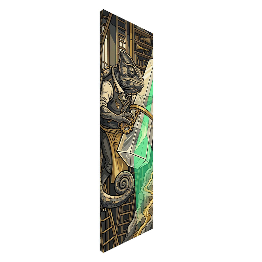 Fantasy wall art depicting a reptilian inventor surrounded by books, mechanical gears and a glowing crystal in a hidden archive; Canvas, 30×100 cm, portrait format.