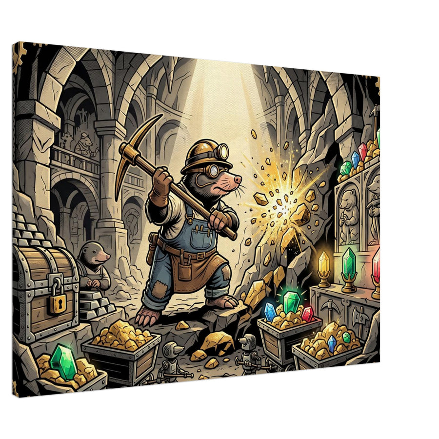 Fantasy wall art showing an alchemist in a medieval treasure workshop surrounded by glowing crystals, warm lantern light and gold details, Canvas Slim, 70×100 cm, landscape format.