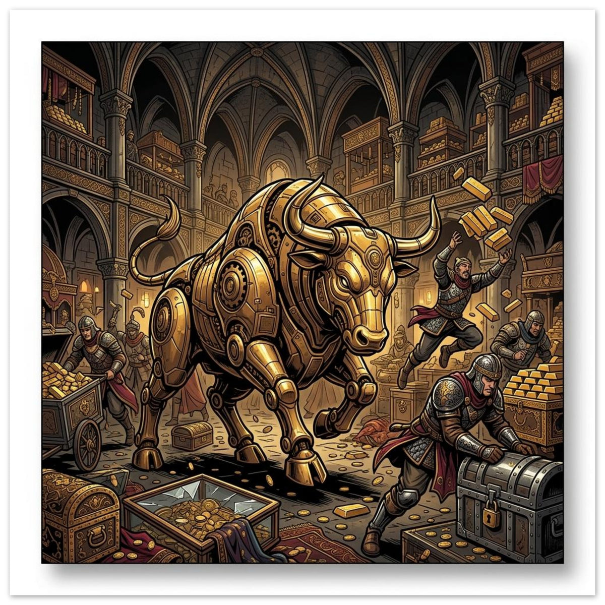 Golden Mechanical Bull Exchange Enforcer | Foam 60×60 cm (24×24 in) – Square — Foam Wall Art — product image 1