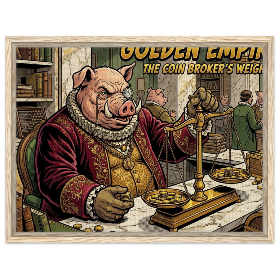 Pig Old-World Coin Broker | Framed Canvas 45×60 cm (18×24 in) – Landscape — product image 1
