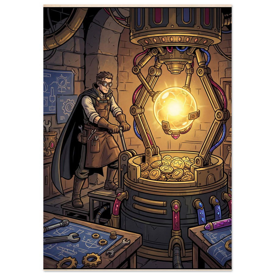 Fantasy wall art depicting an inventor beside a large glowing golden energy sphere in a detailed workshop with gears and technology-inspired elements; Premium Matte Paper, A0, portrait format.
