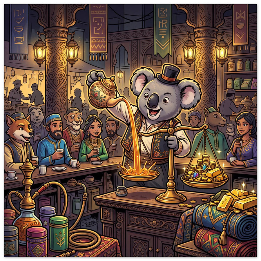 Fantasy wall art depicting a group of small treasure seekers gathered inside a warm golden workshop filled with adventure details; Foam Board, 50×50 cm, square format.