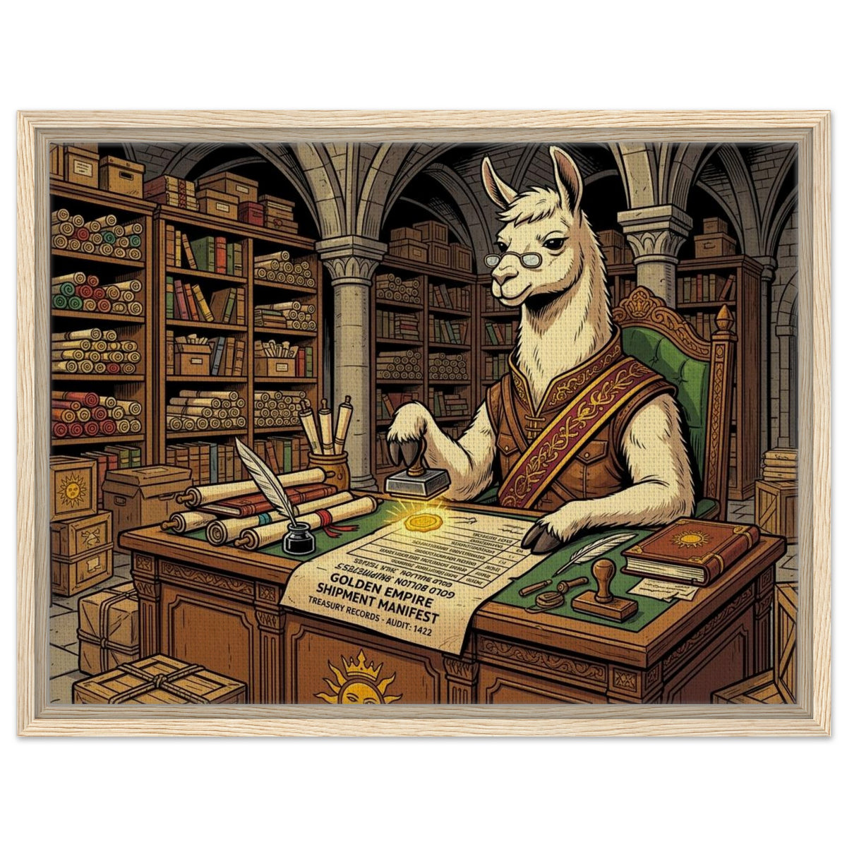 Llama Royal Treasury Archivist | Framed Canvas 45×60 cm (18×24 in) – Landscape — product image 1