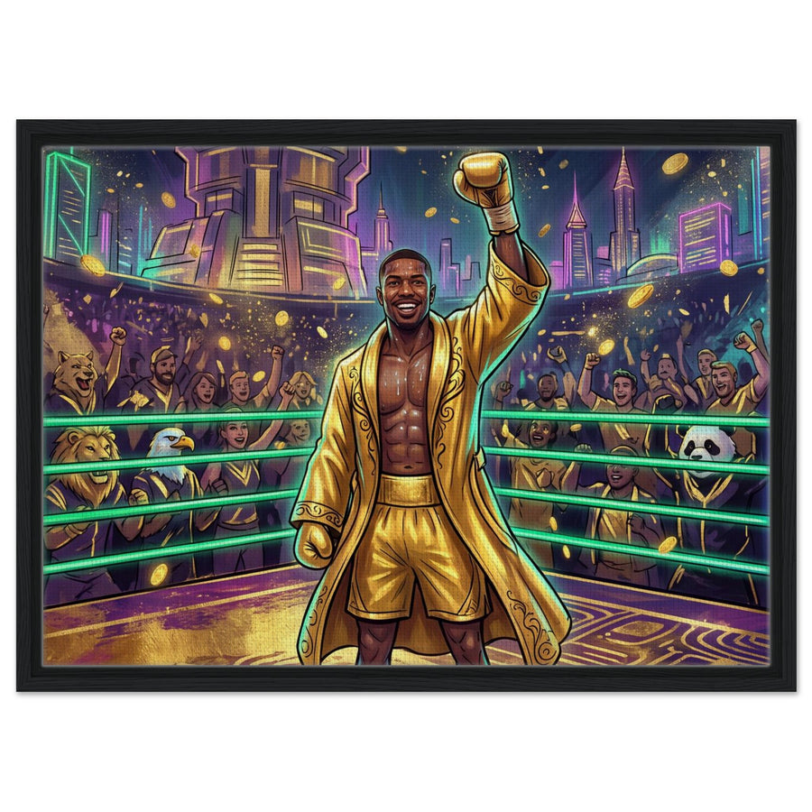 Emerald Ring Champion – Neon Golden Boxing Art | Framed Canvas 50×70 cm (20×28 in) – Landscape — product image 1