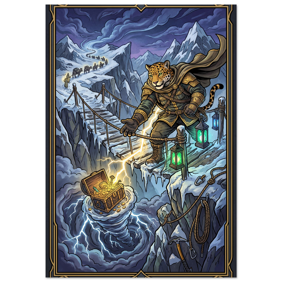 Fantasy wall art depicting a winged mythical guardian between snowy mountains, rock formations and intense blue storm light with golden energy accents; Premium Matte Paper, 70×100 cm, portrait format.