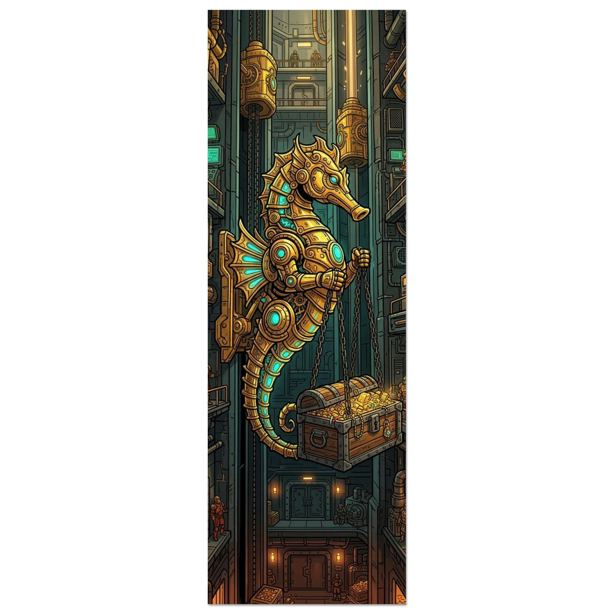 Golden Seahorse Treasure Elevator | Aluminium 30×90 cm (12×36 in) – Portrait — Aluminium Wall Art — product image 1