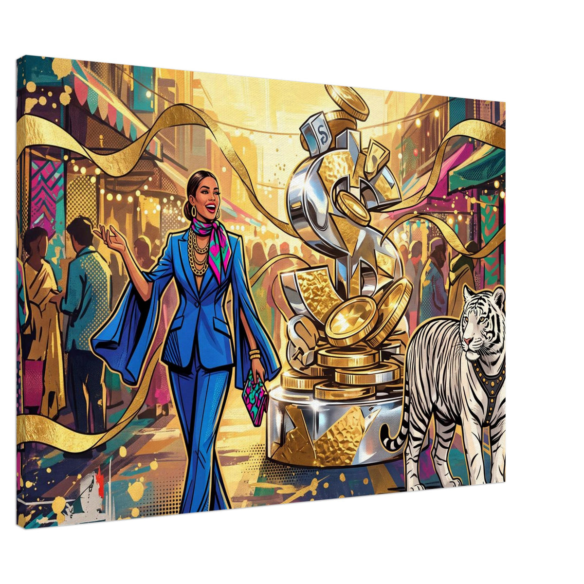 Chrome Fortune – White Tiger & Cobalt Power | Canvas Slim 70×100 cm (28×40 in) – Landscape — product image 1