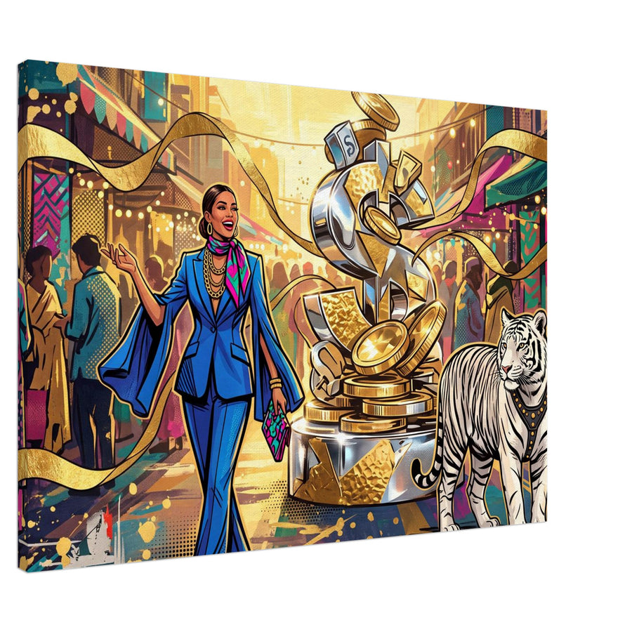 Chrome Fortune – White Tiger & Cobalt Power | Canvas Slim 70×100 cm (28×40 in) – Landscape — product image 1
