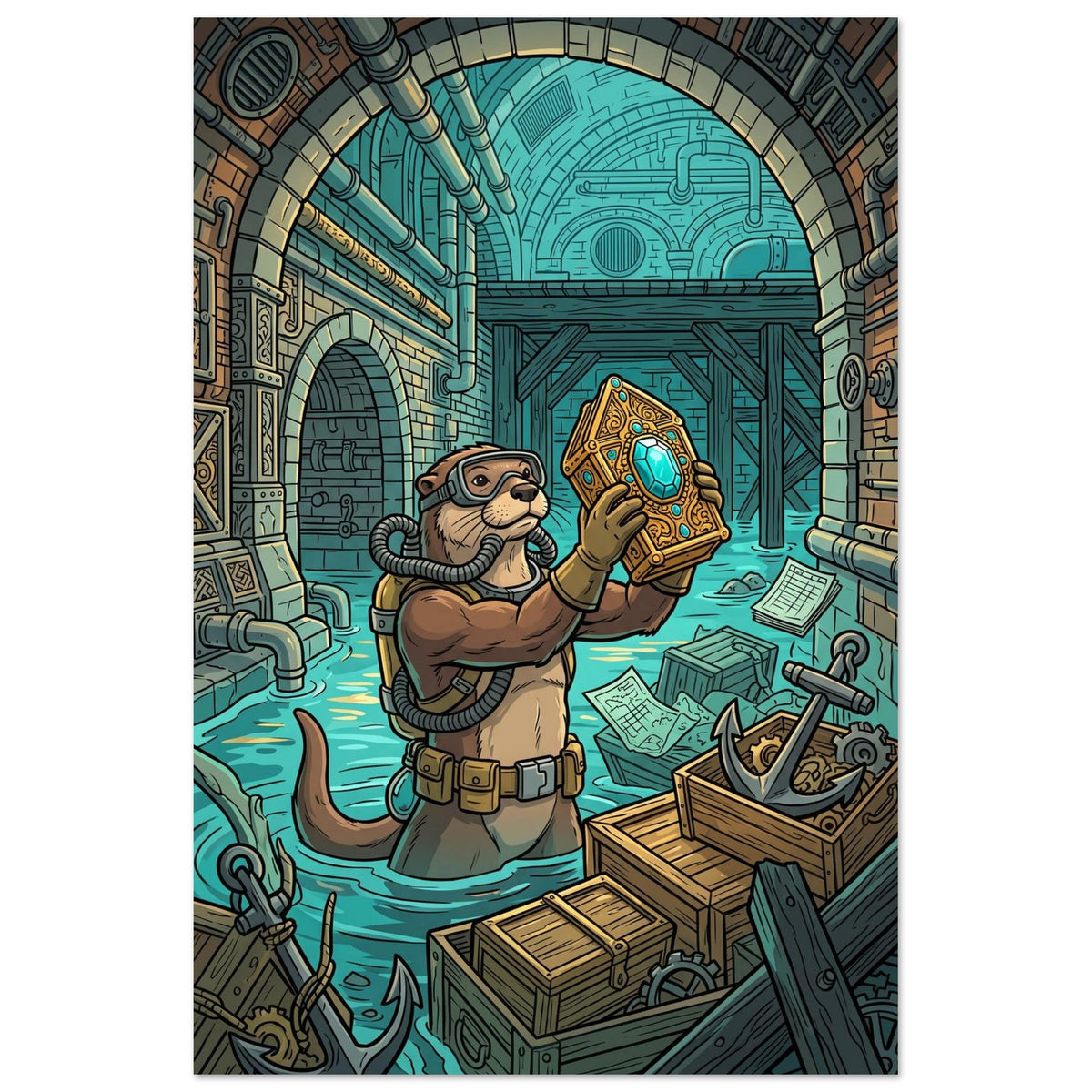 The Chronicle of the Deep Hall — small treasure keeper in a turquoise-lit deep hall, Aluminium 40×60 cm, portrait.
