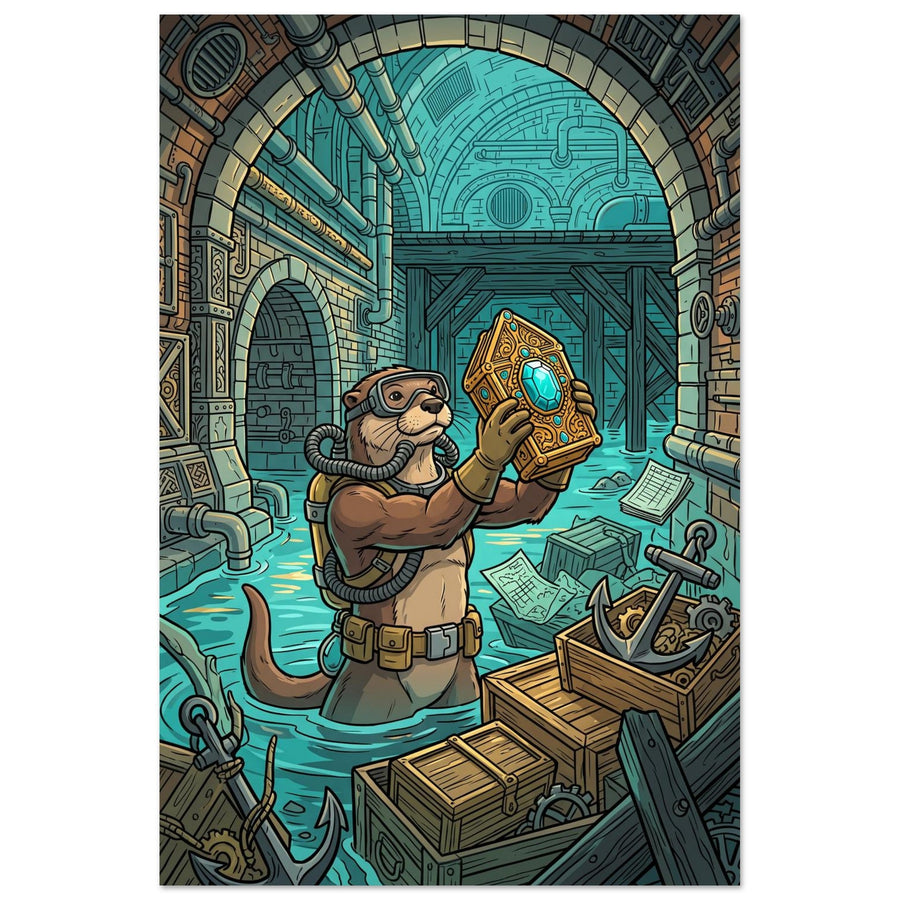 The Chronicle of the Deep Hall — small treasure keeper in a turquoise-lit deep hall, Aluminium 40×60 cm, portrait.