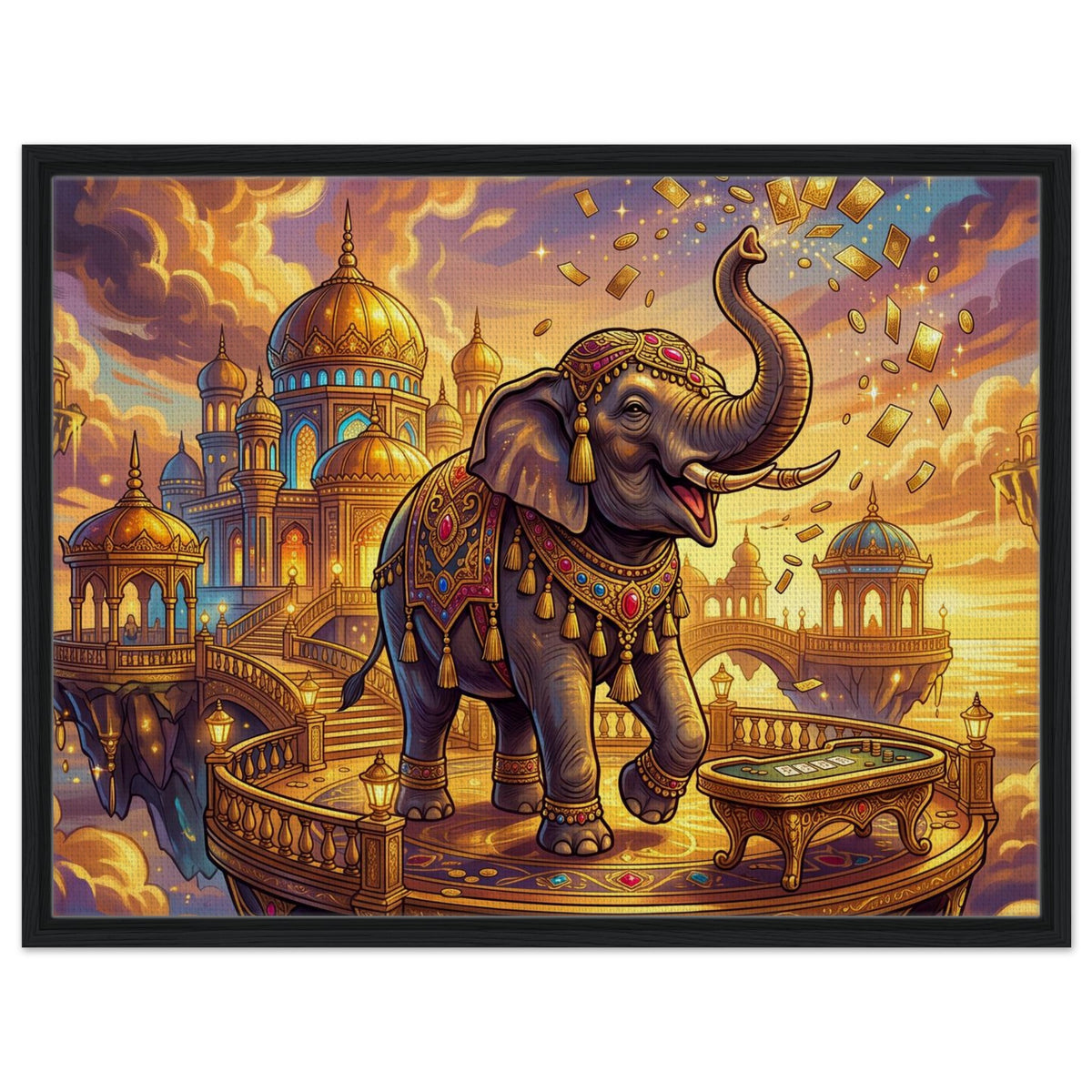 The Floating Golden Casino – Jeweled Elephant | Framed Canvas 60×80 cm (24×32 in) – Landscape — product image 1