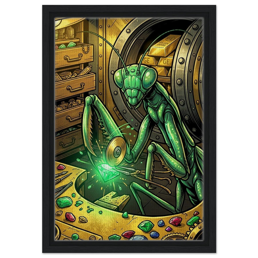 Praying Mantis Vault Jeweler | Framed Canvas 30×45 cm (12×18 in) – Portrait — product image 1