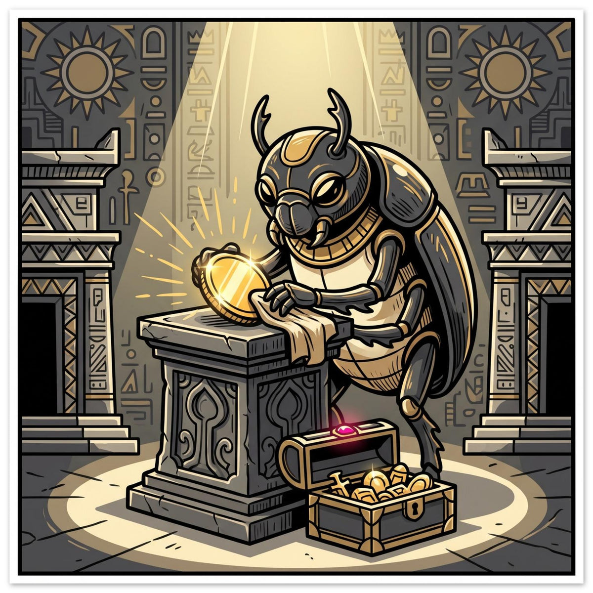 Fantasy wall art depicting a dark guardian holding a bright glowing golden core against deep shadowy surroundings; Foam Board, 20×20 cm, square format.