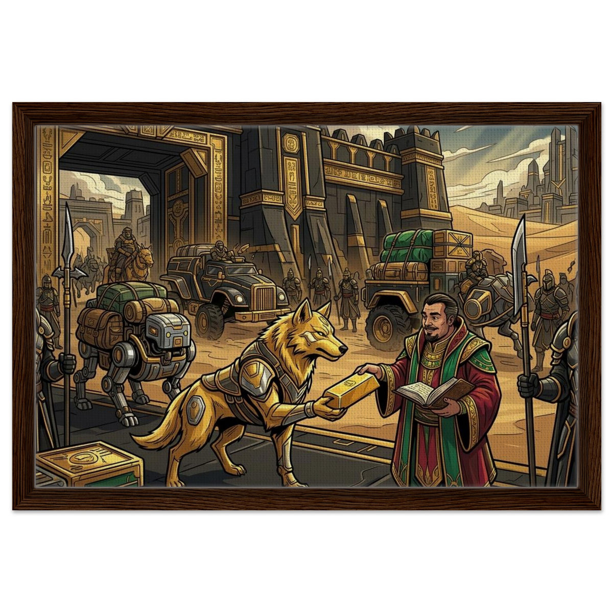 Golden Wolf Armored Caravan Trader | Framed Canvas 40×60 cm (16×24 in) – Landscape — Framed Canvas Wall Art — product image 1