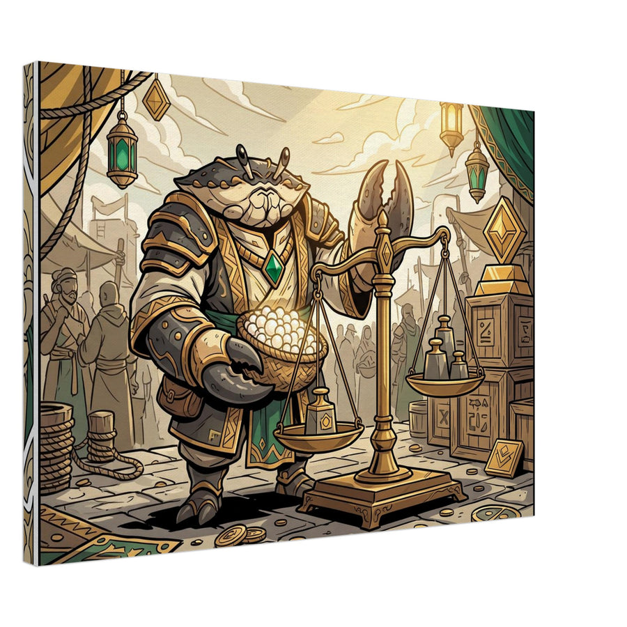 Fantasy wall art depicting a golden guardian standing inside a bright treasure hall filled with warm golden light and ornate details; Canvas, 50×70 cm, landscape format.