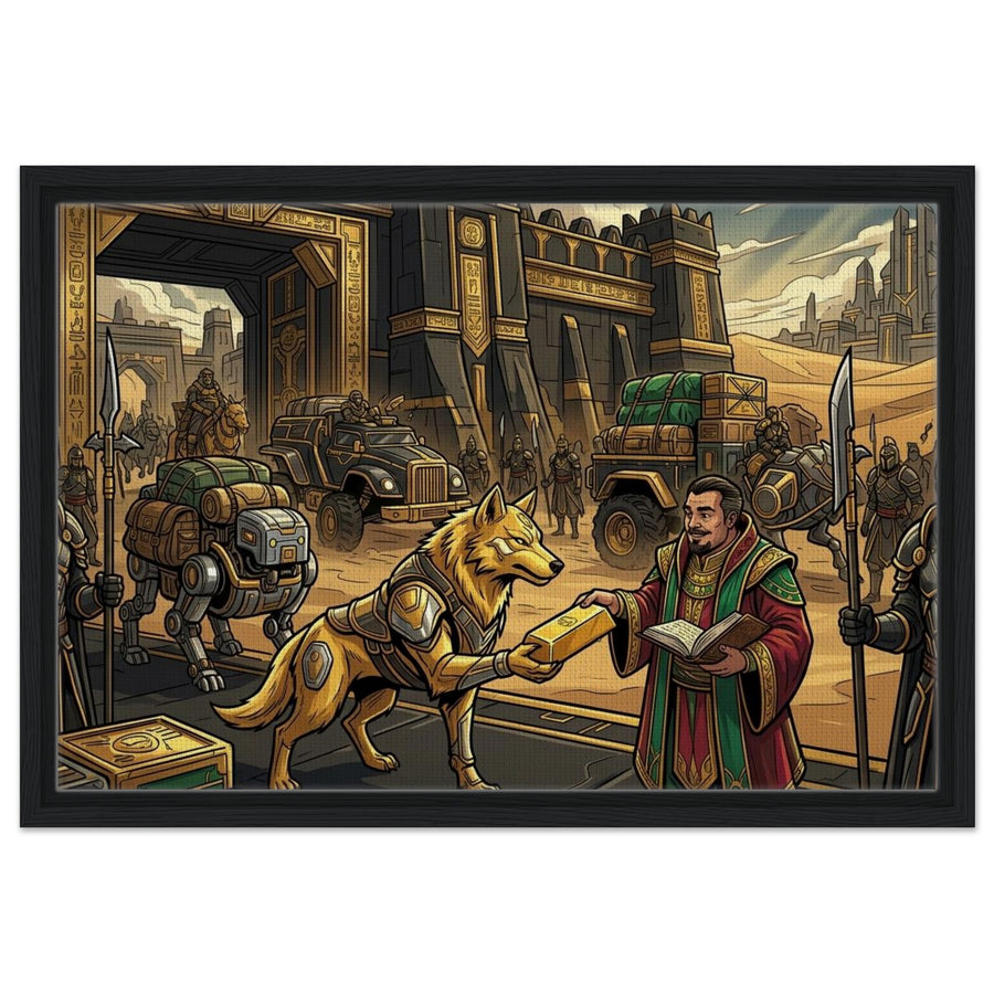 Golden Wolf Armored Caravan Trader | Framed Canvas 40×60 cm (16×24 in) – Landscape — Framed Canvas Wall Art — product image 2