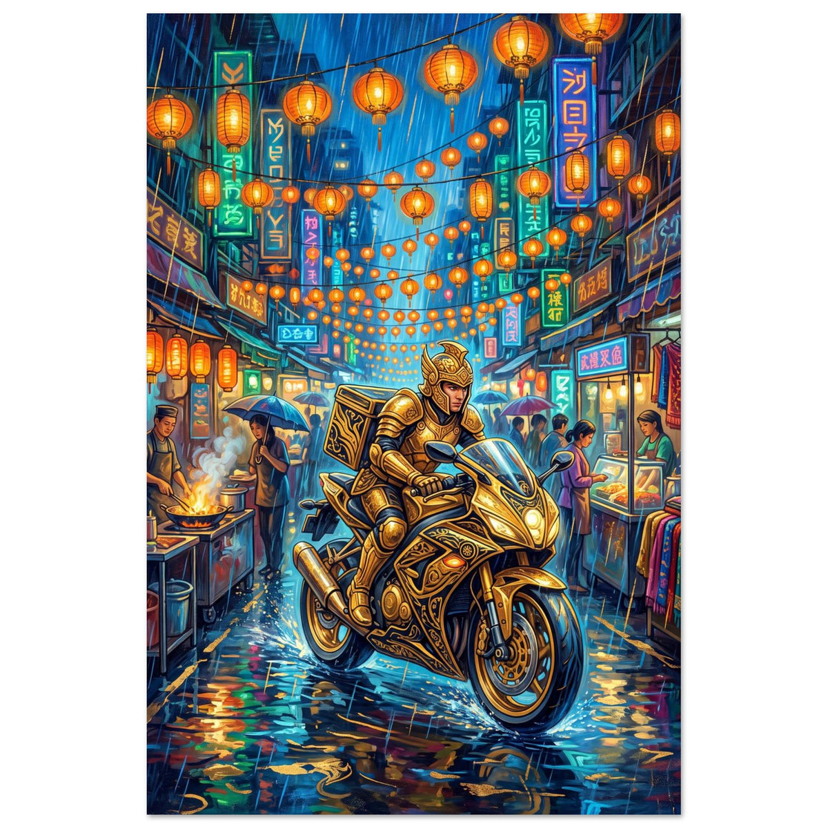 Neon Courier – Golden Motorcycle Night Market | Aluminium 40×60 cm (16×24 in) – Portrait — product image 1
